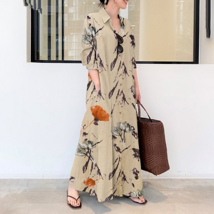 Cotton Linen Decor Lapel Long Sleeve Pocket Simple Loose Casual Long Cardigan Dress | EGEMISS