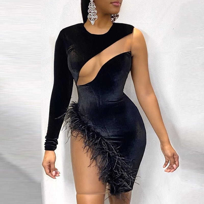 hirigin Sexy Sheer Mesh Patchwork Velvet Mini Dress Women One Long Shoulder Feather Night Club Short Bodycon Vestidos Robes