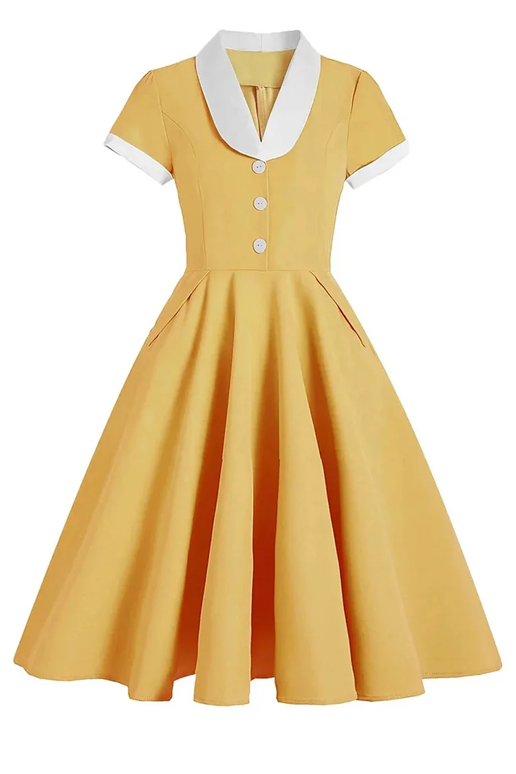 1950s Yellow Hepburn Retro Palace Waist Solid Midi Dress