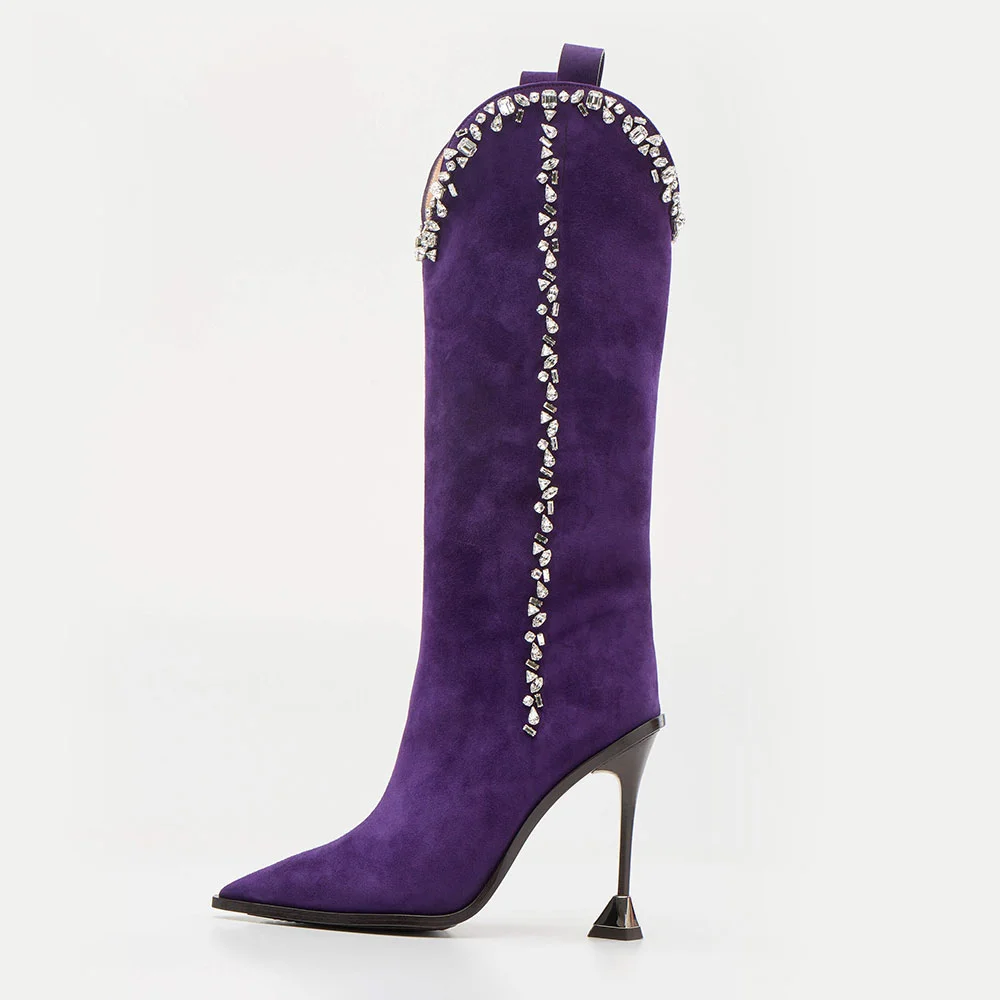 Purple Pointed Toe Geometric Heel Rhinestone Knee High Cowgirl Boots