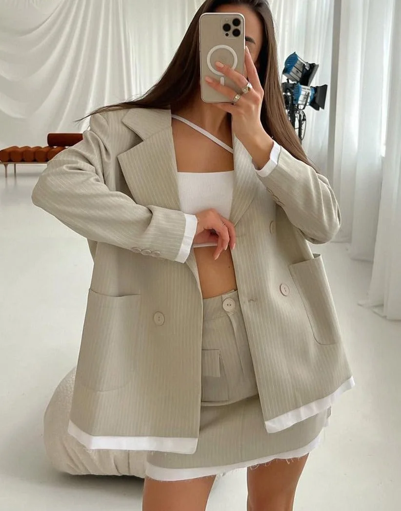 Uforever21 Fall Outfits  Winter Loose Print Office 2 Piece Sets Women Outfit Fashion Long Sleeve Blazers With High Waist Mini Skirt Set Female