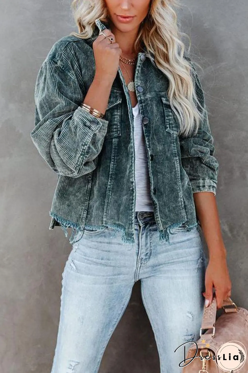 Frayed Hem Cropped Corduroy Jacket
