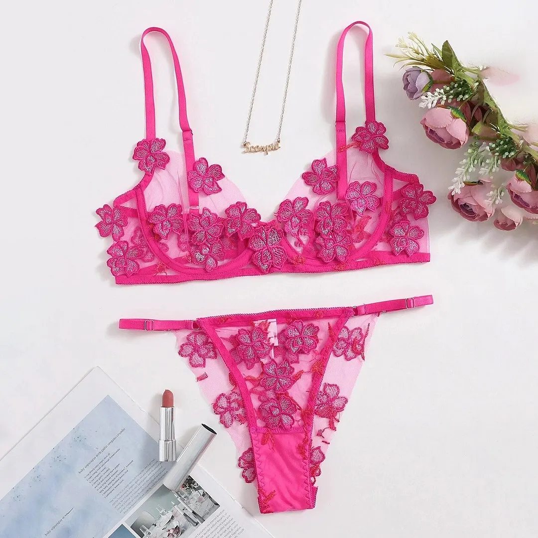Sexy Bra Panty Set Women Sexy Embroidery Bralette Lace Underwear Set See Through Erotic Lingerie Two-piece Intimate Underwear