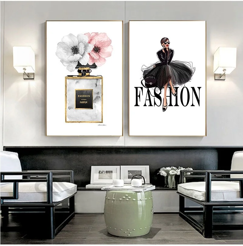 Fashion Black Dress Canvas  Nordic Wall Art Perfume with Flower Print Painting Decoration Picture Home Decor Framed
