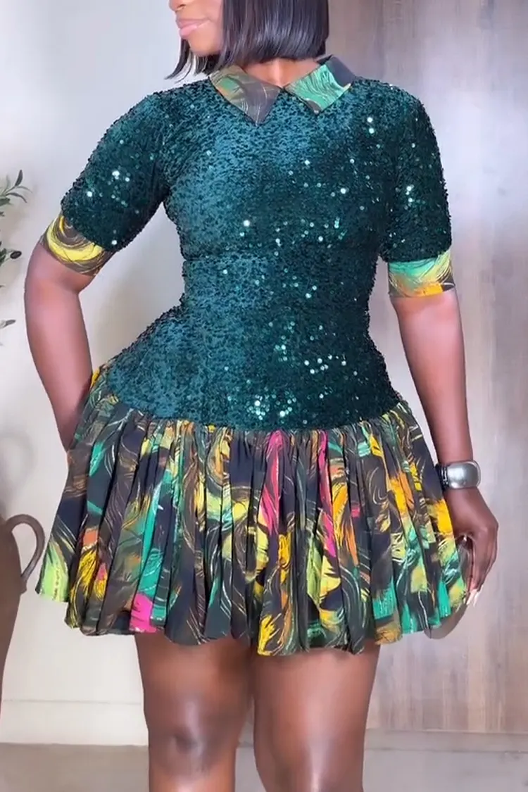 Women Collar Sequin Patchwork Print Elegant Casual Mini Dresses