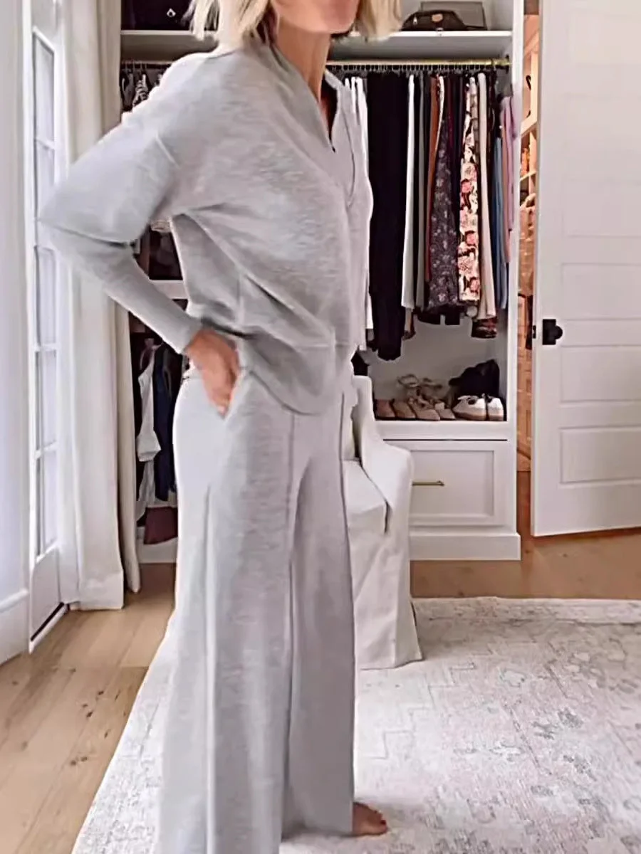 Women's Long Sleeve Hooded Loose Solid Pockets Bottoms&Tops Sets