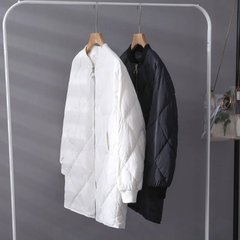 FTLZZ Winter Women White Duck Down Parka Ultra Light Loose Zipper Baseball Uniform Down Jacket Female Casual Long Down Outwear