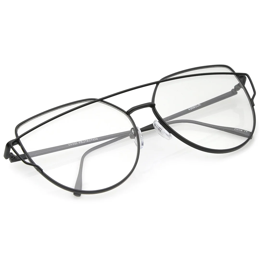 Oversize Metal Frame Thin Temple Clear Flat Lens Aviator Eyeglasses 62mm