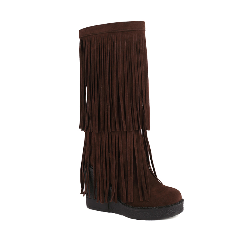 GOOSHOE Float Tassel Street Knee High Boots With Flat Sloping Heel And Warm Plush Inner Lining For Boots