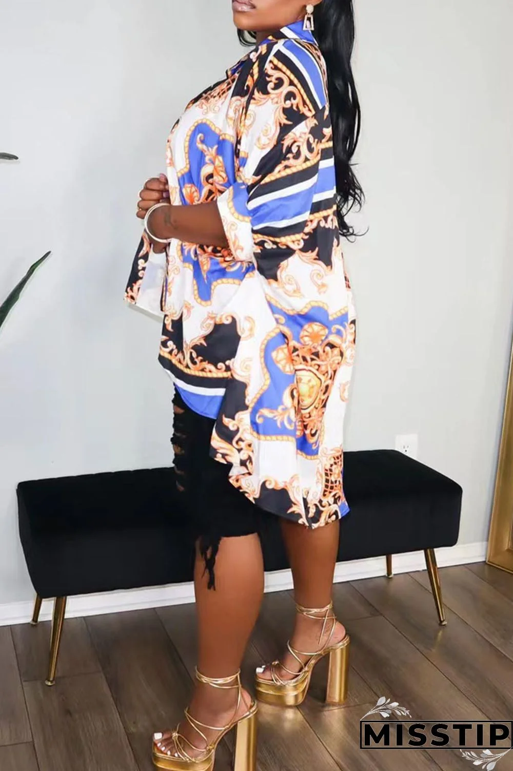 Gold Casual Print Patchwork Buckle Turndown Collar Tops