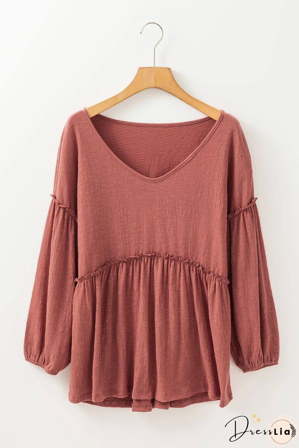 Mineral Red Solid Color Textured Frilled Trim V Neck Puff Sleeve Blouse