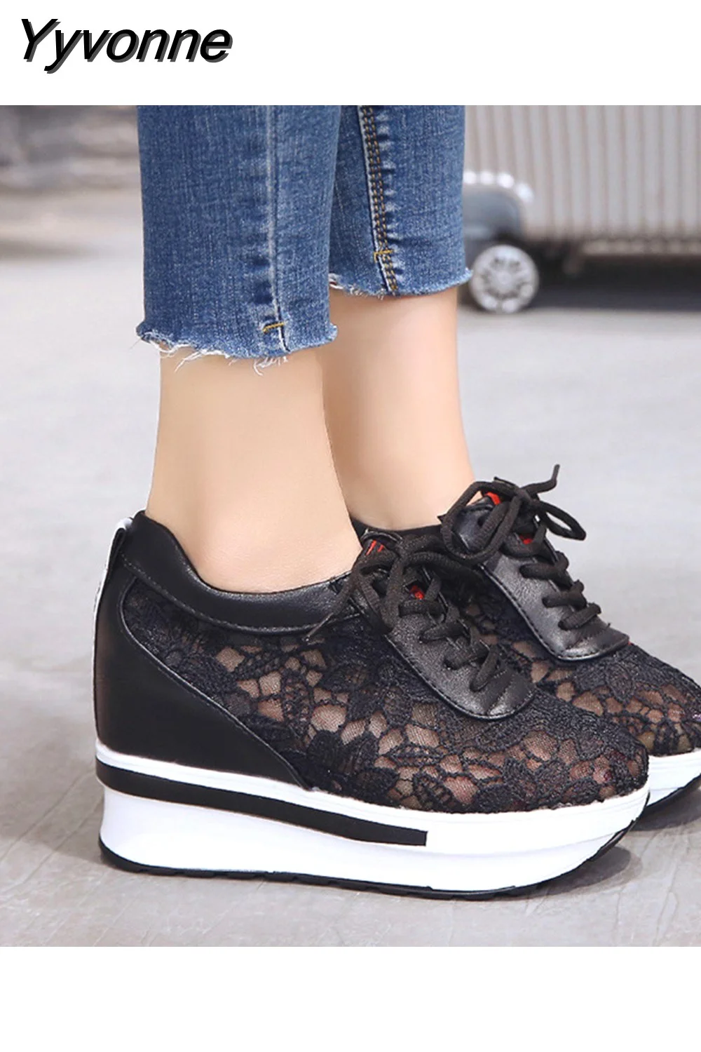 Yyvonne New Lace Breathable Sneakers Women Shoes Comfortable Casual Woman Platform Wedge Shoes