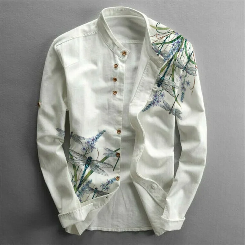 Men's Dragonfly Printed Standing Neck Casual Long Sleeve Shirt