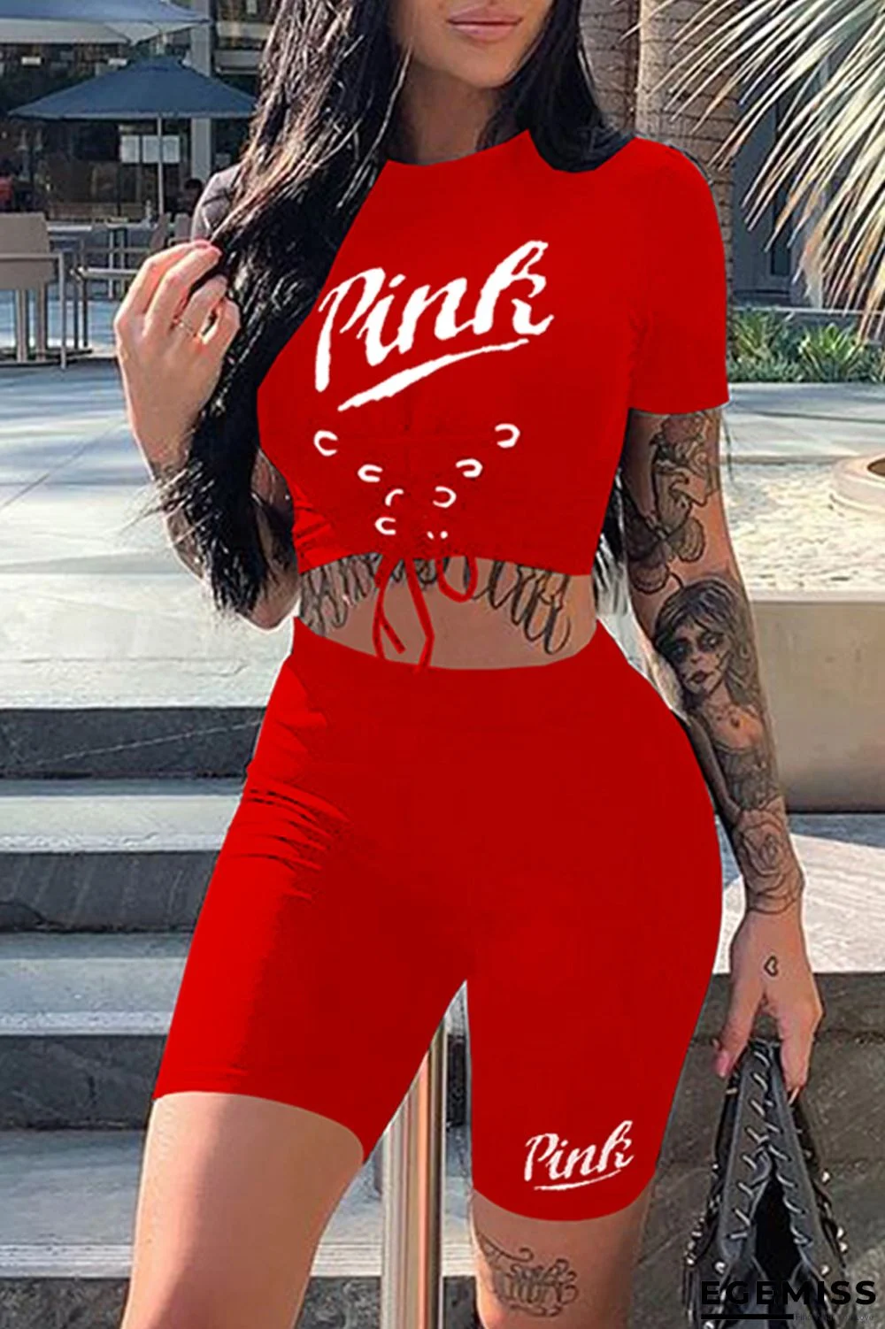 Red Sexy Casual Letter Print Strap Design O Neck Short Sleeve Two Pieces | EGEMISS