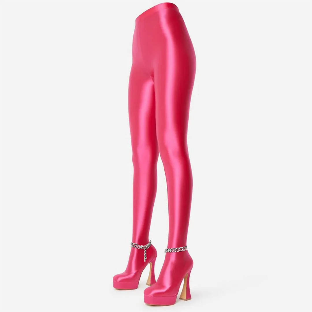 Fuchsia High Heel Pants Platform Satin Glitter Boots Nicepairs