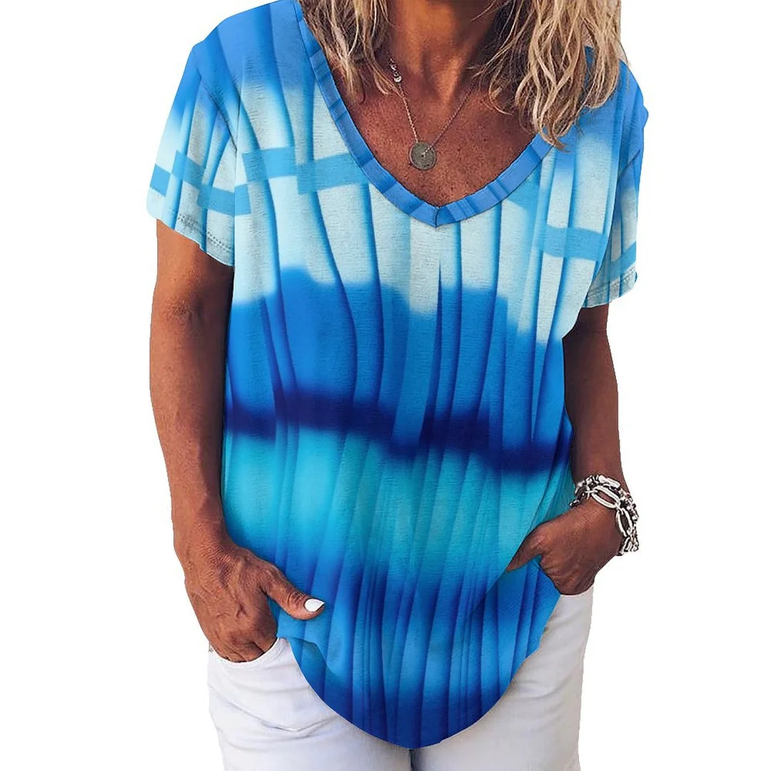 V-neck Short Sleeve Casual T-shirt for  Women Printed with Pattern Striped, Blue