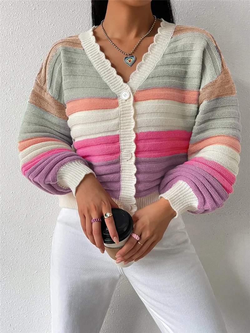 Athvotar Athvotar R-Shirt 2025 Autumn And Winter Sweater Coat Women's Rainbow Striped Lantern Sleeve
