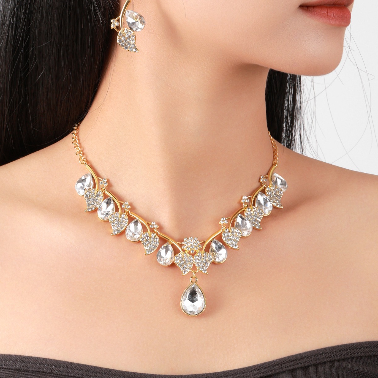 Evening White Rhinestone Earrings Necklace Two Piece Jewelry Set 2024 - Flycurvy 