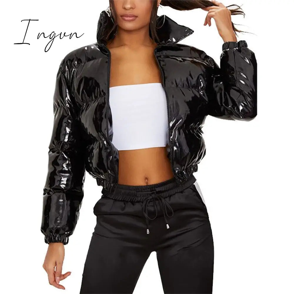 Ingvn - Bubble Coat Women’s 5 Colors Fashion Long Sleeve Solid Zipper Cropped Puffer Jacket Thick
