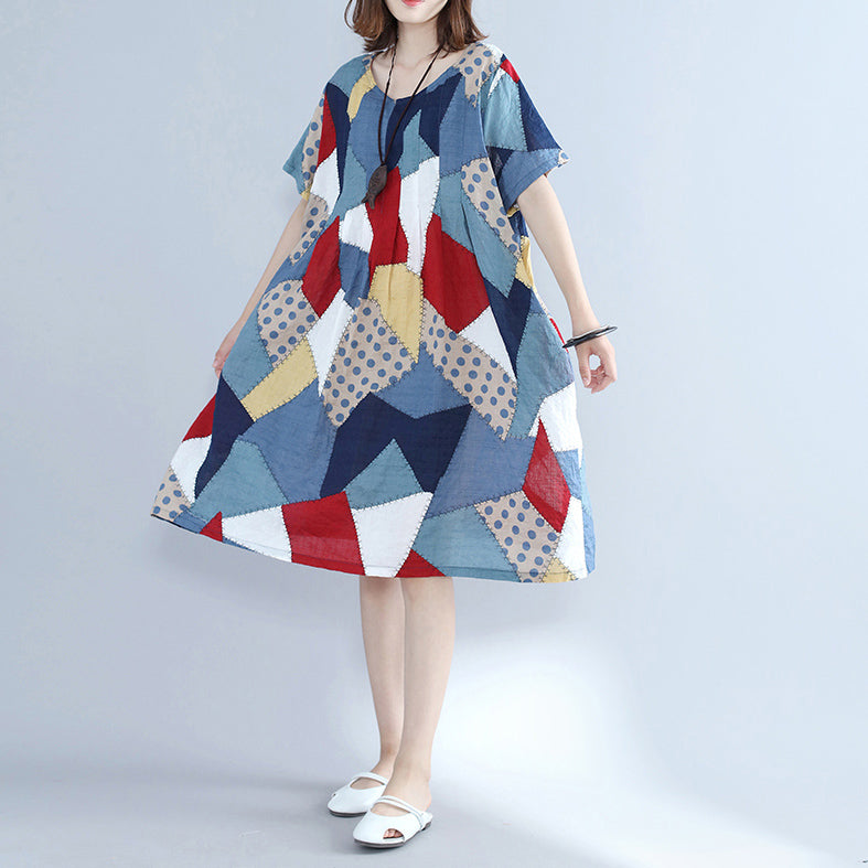 VCSHOES blue patchwork Midi cotton dresses plus size holiday dresses o neck short sleeve midi dress