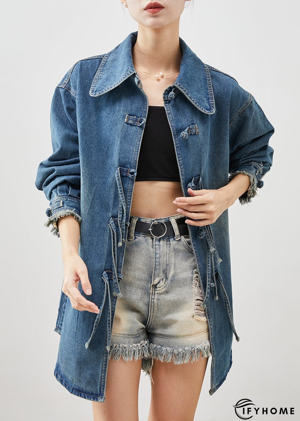 Plus Size Denim Blue Chinese Button Cotton Coat Outwear Spring | IFYHOME