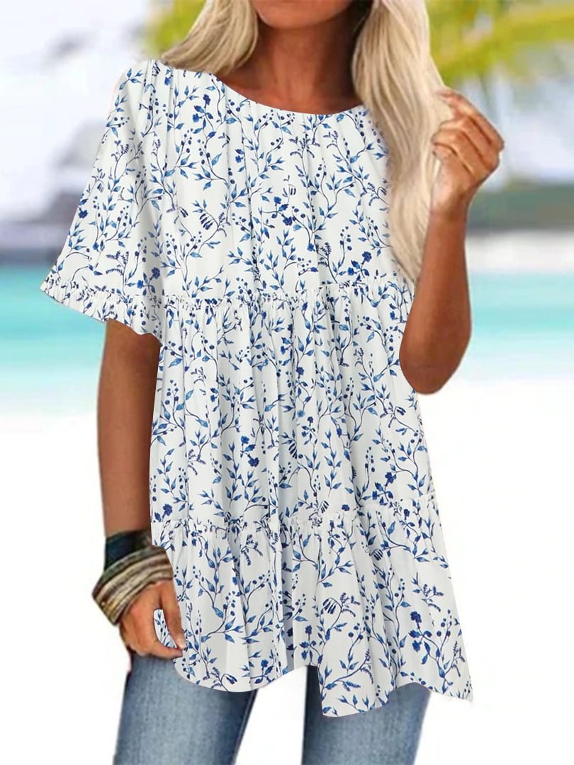 Women Short Sleeve Scoop Neck Floral Printed Top