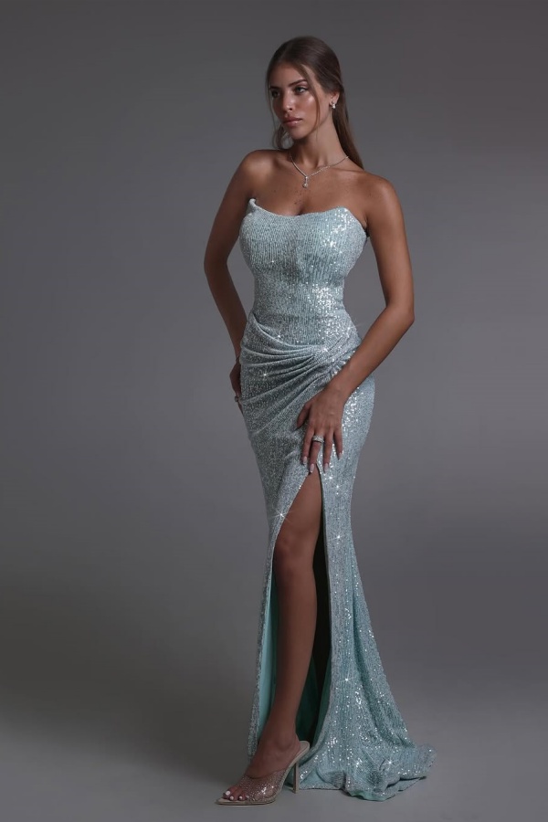 Chic Sequins Split Strapless Lovely Evening Dress | ZT0410