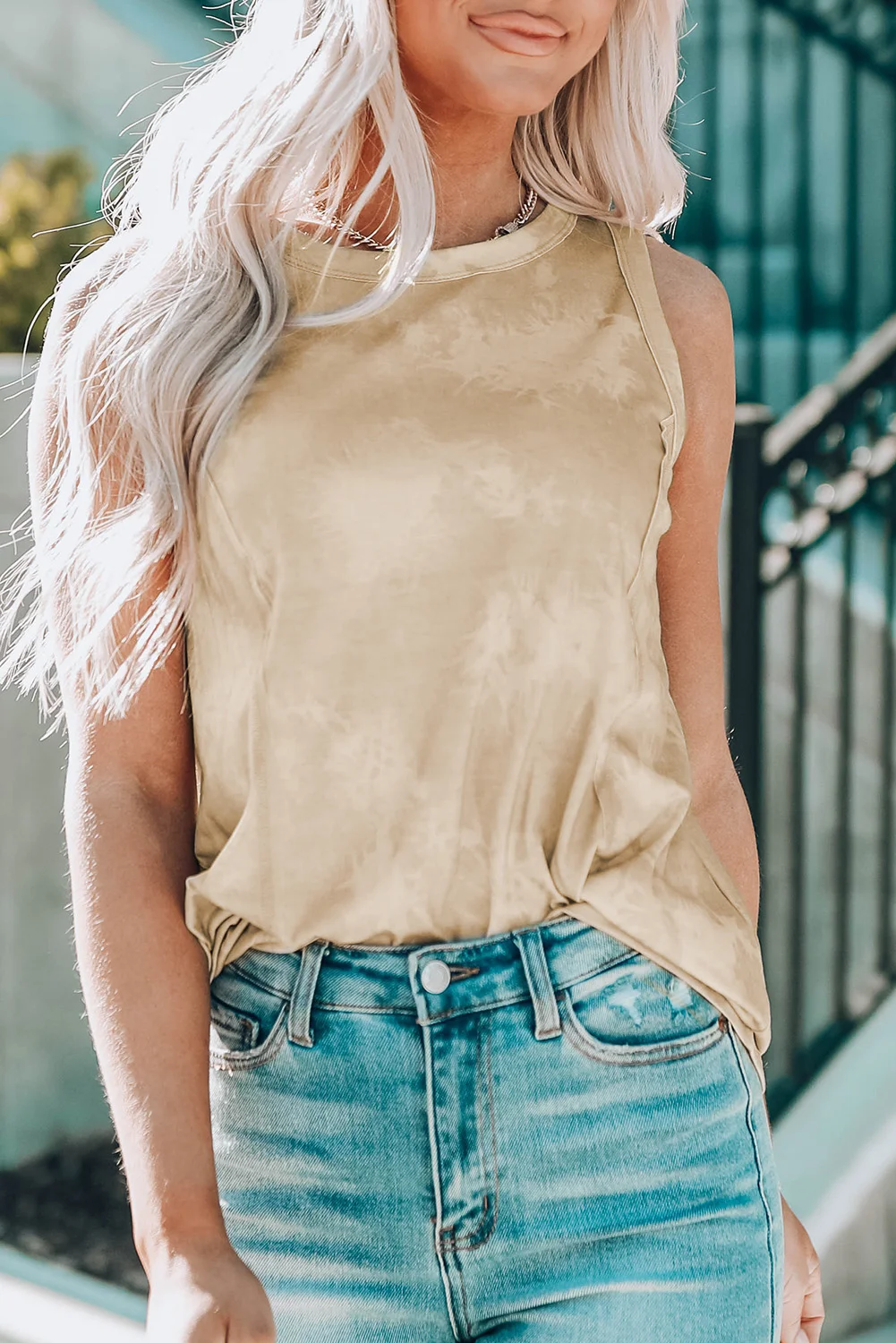 Khaki Tie Dye Print Seamed Crew Neck Tank Top | IFYHOME