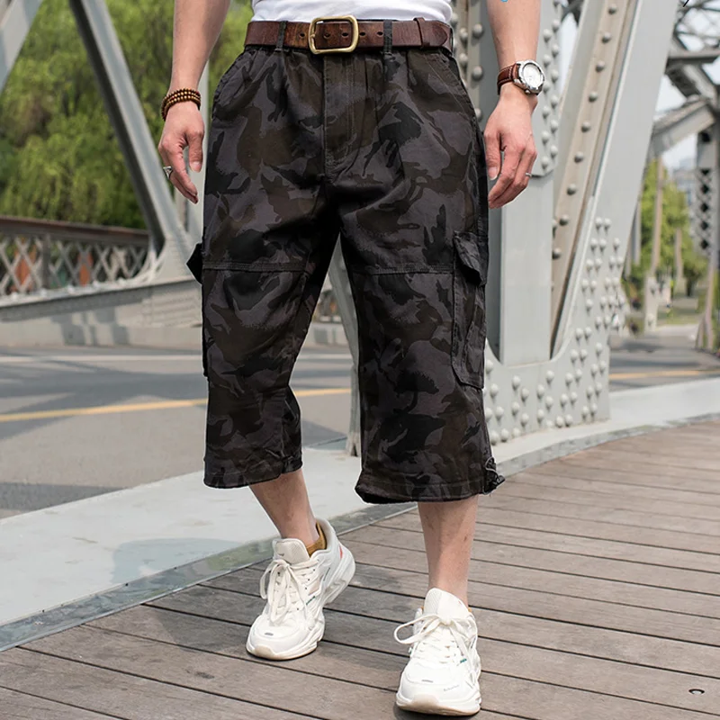 Men's Camouflage Print Loose Multi-pocket Cargo Cotton 7-point Pants