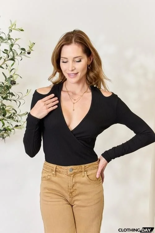 Culture Code Full Size Ribbed Surplice Cold Shoulder Top