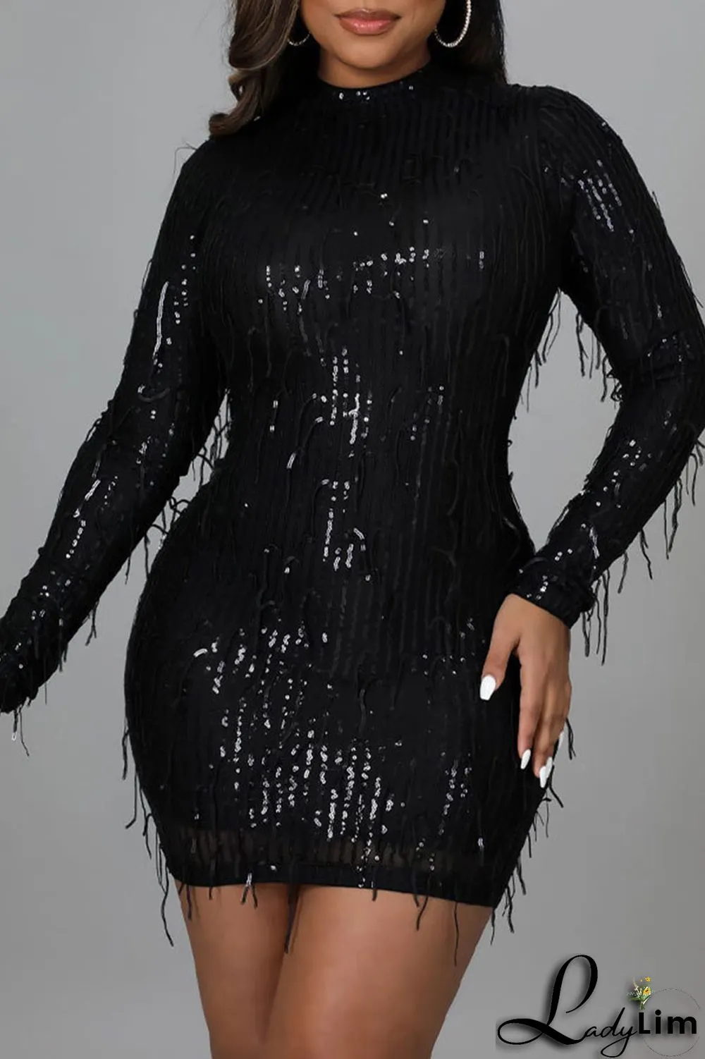 Black Sexy Solid Sequins Split Joint O Neck One Step Skirt Dresses