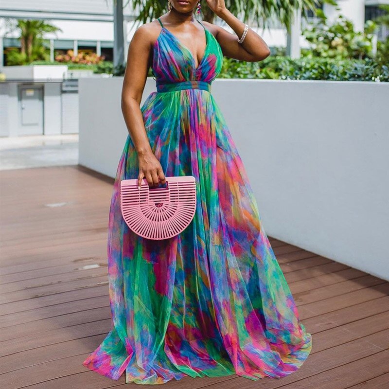 Sexy Backless Women Colorful Tie-dye Print Vacation Dress