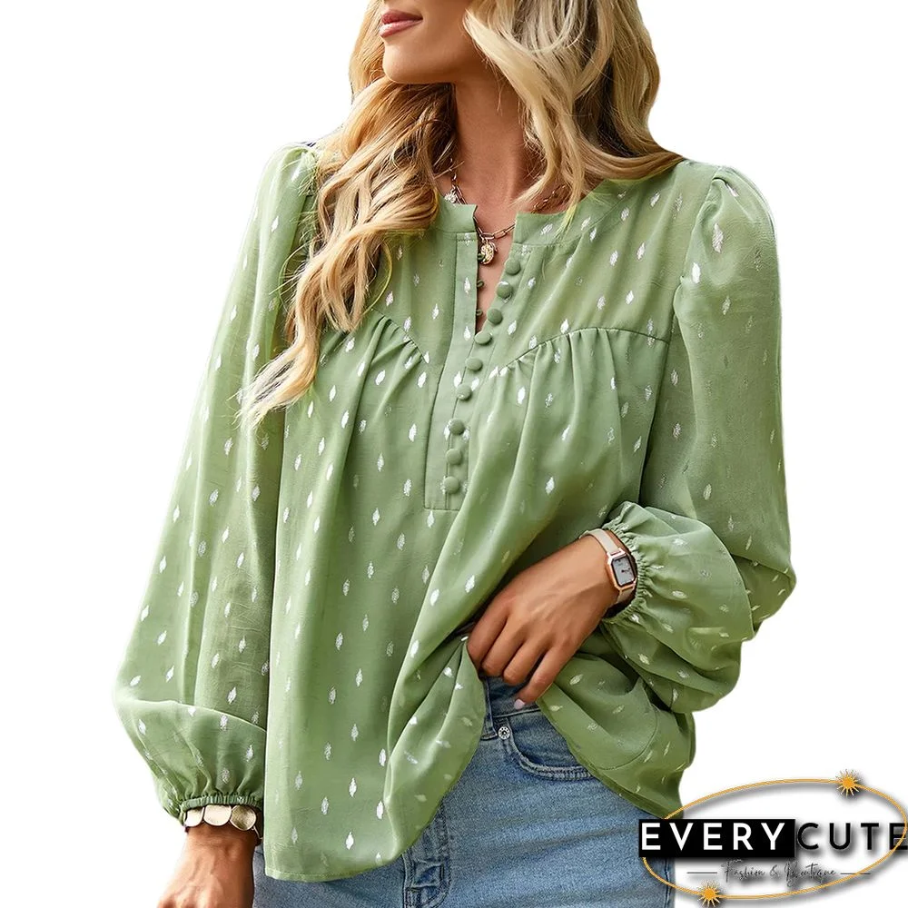 Green Printed Button-up Chiffon Long Sleeve Blouse