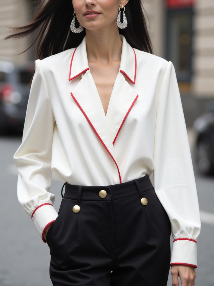 Contrast Stripe Deep-V Lapel Long Sleeve Shirt