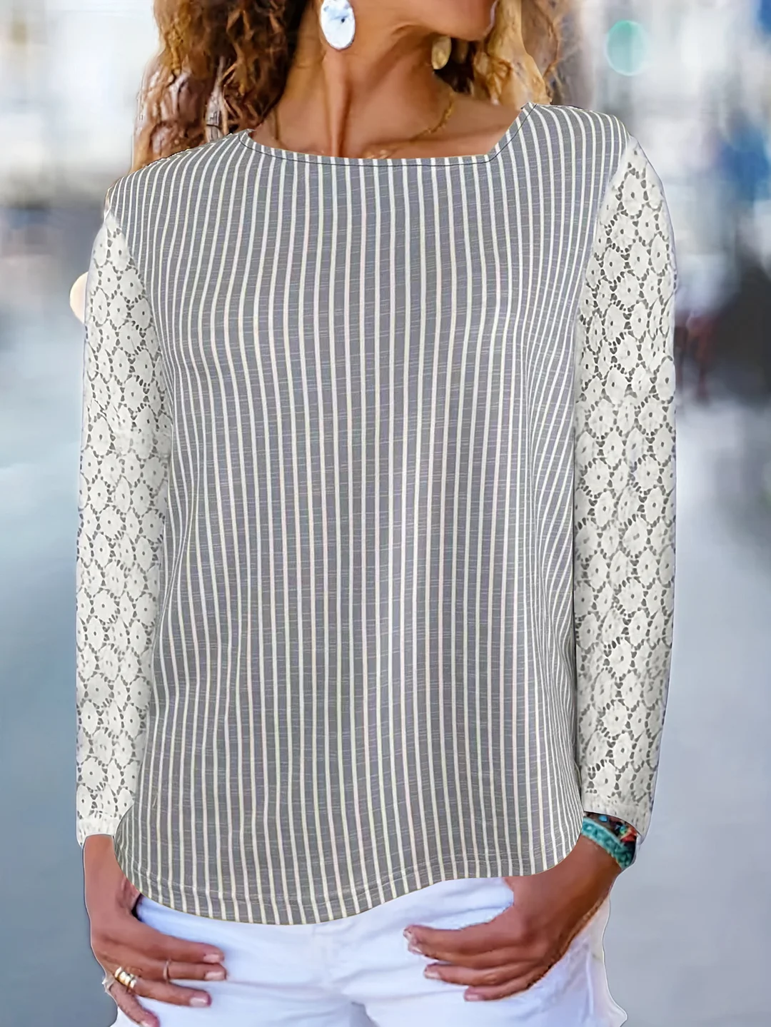 Women's Printed Diagonal Neck Lace Long Sleeved T-shirt