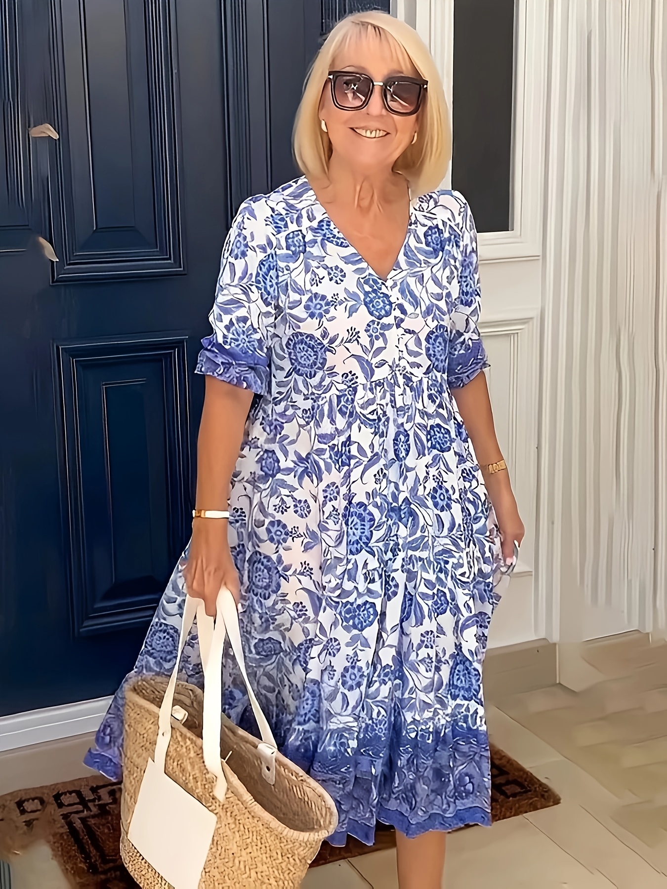 Women's Floral Print V-Neck Maxi Dress - Light Blue & White Summer Dress With Short Sleeves, Ruffled Hem, And Tiered Design For Casual Or Commuting, Floral Dress | IFYHOME