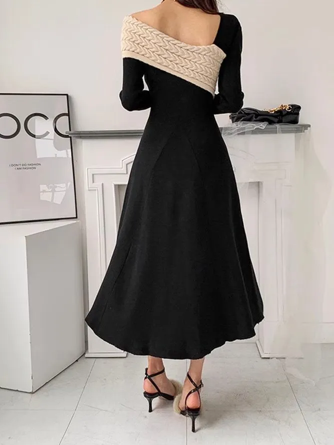 Chic Long Sleeve Black Midi Dress