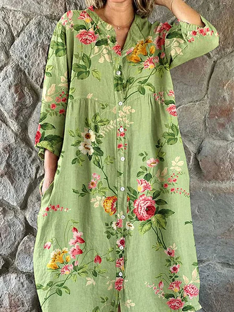 Women's Resort  Rose Floral  Pattern Cotton Shirt Dress