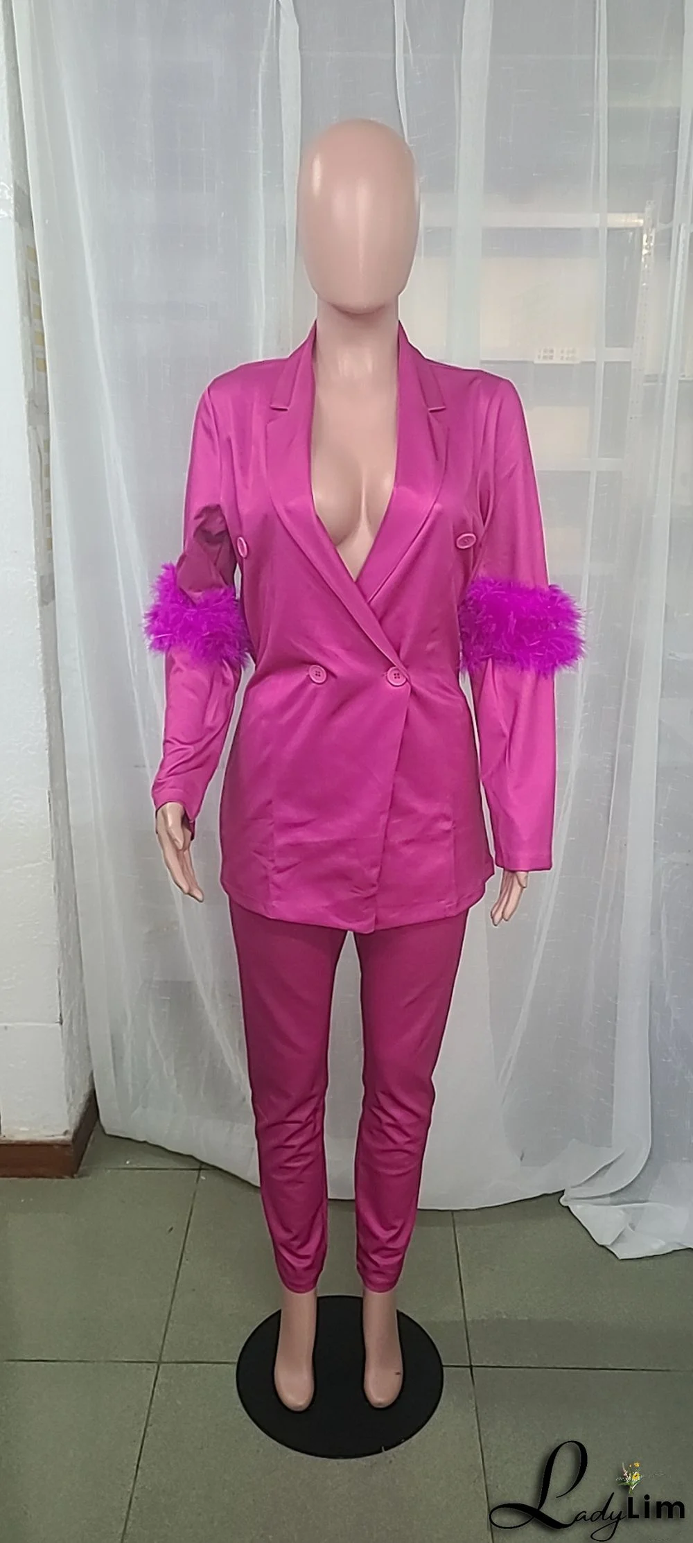 Fall Women Feather Blazer and Pant Two Piece