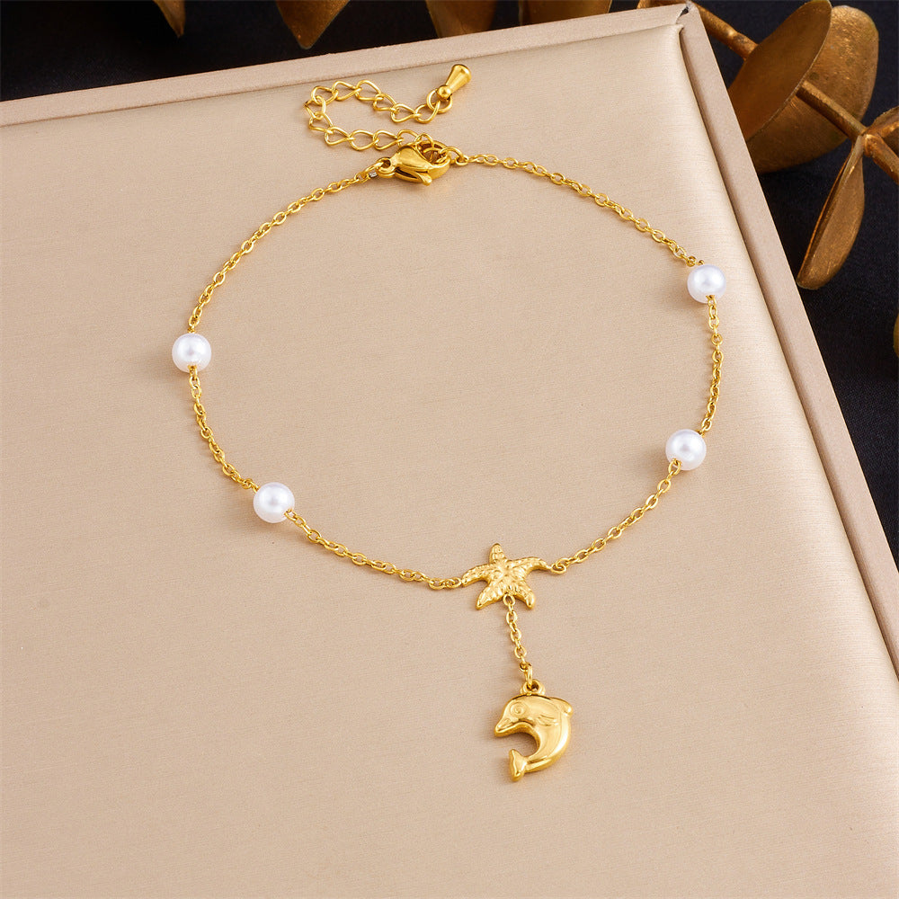 Korean Style Fashion Stacking Double Chain Diamond Cherry Starfish Flower Star Moon Pendant Stainless Steel Anklet Female