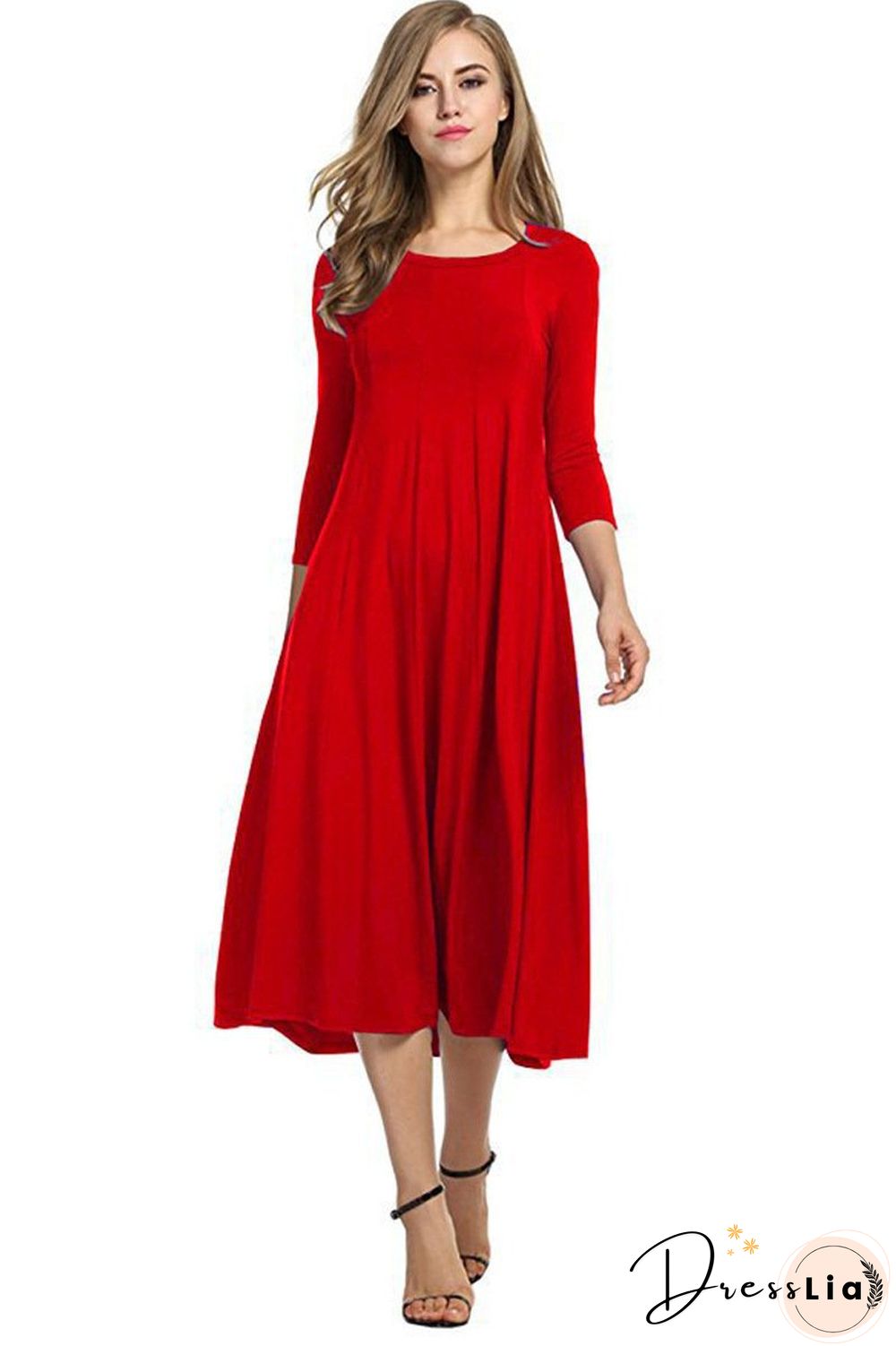 Women Cotton Elegant 3/4 Sleeve Polyester Casual Dresses