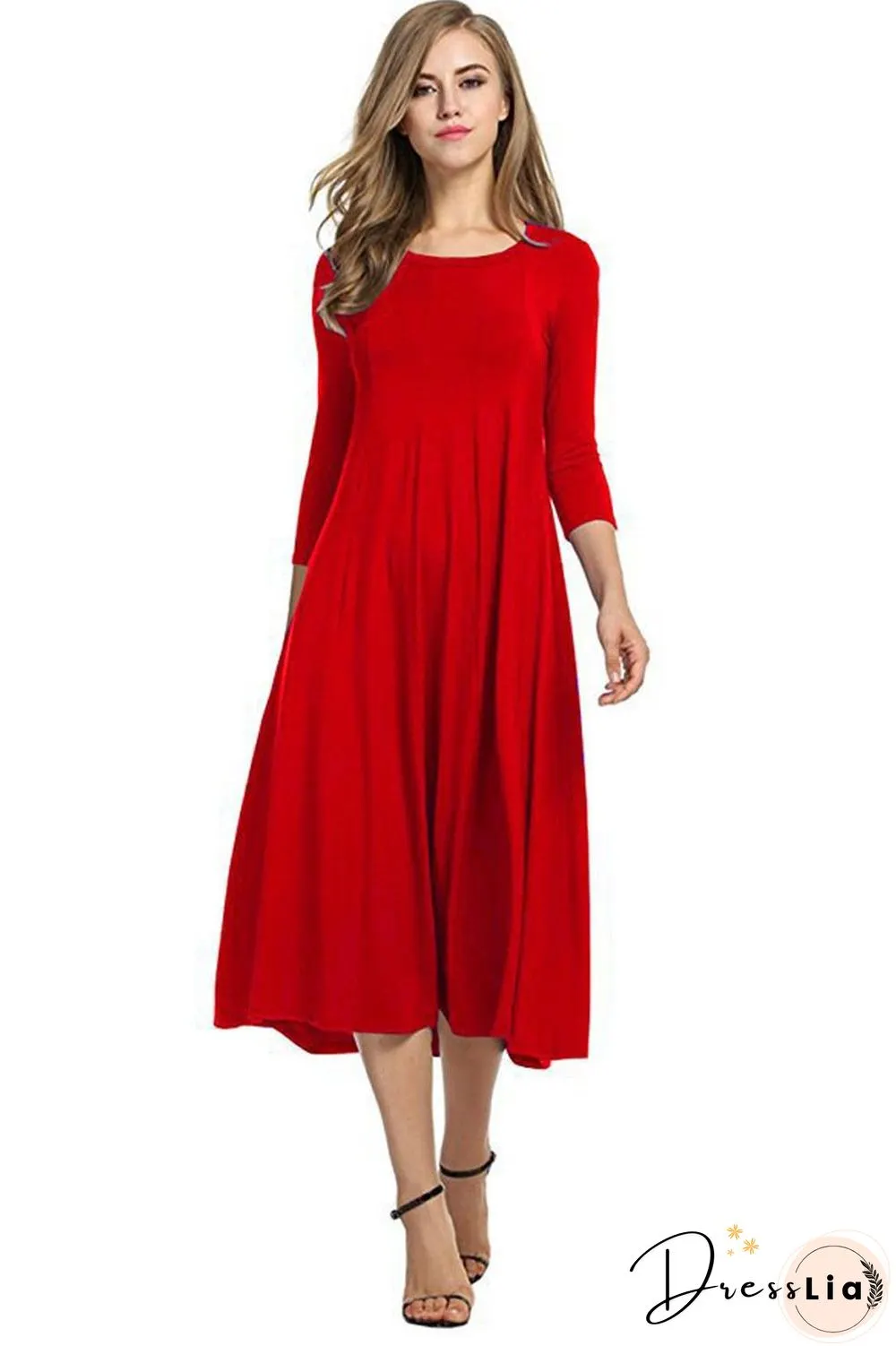 Women Cotton Elegant 3/4 Sleeve Polyester Casual Dresses