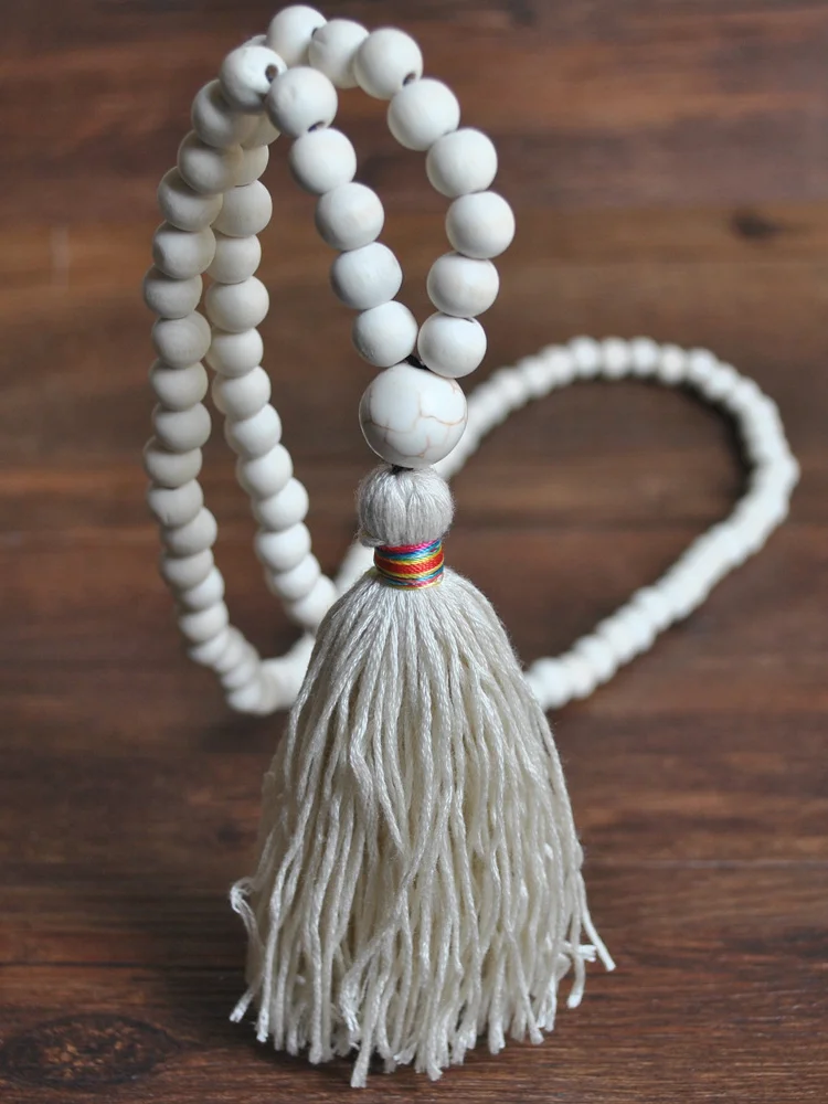 White Turquoise Tassel Pendant Handmade String Wooden Bead Necklace VangoghDress