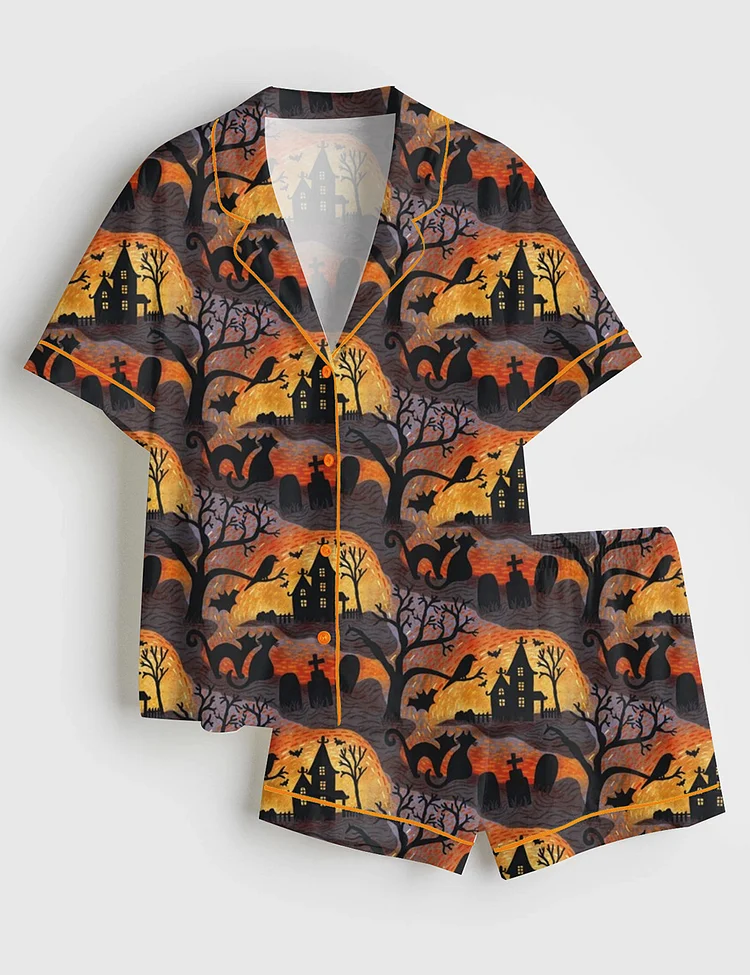 Women&rsquo;s Spooky Halloween Haunts Trick Or Treat Horror Night Black Cat Short Sleeve Satin Pajama Set