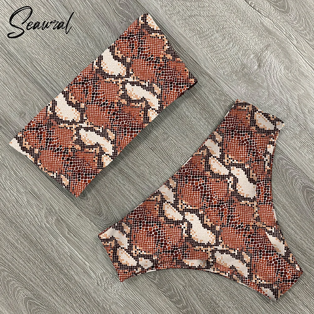2022 New Sexy Low Hight Bikini Set Swimwear Women Bandeau Female Print Floral Strappy Swimsuit Bathing Suit Beach Wear Biquini
