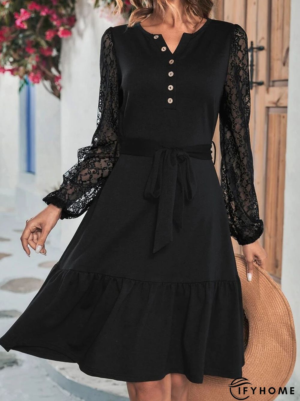 Plain Vacation Notched Loose Patchwork lace Dress | IFYHOME