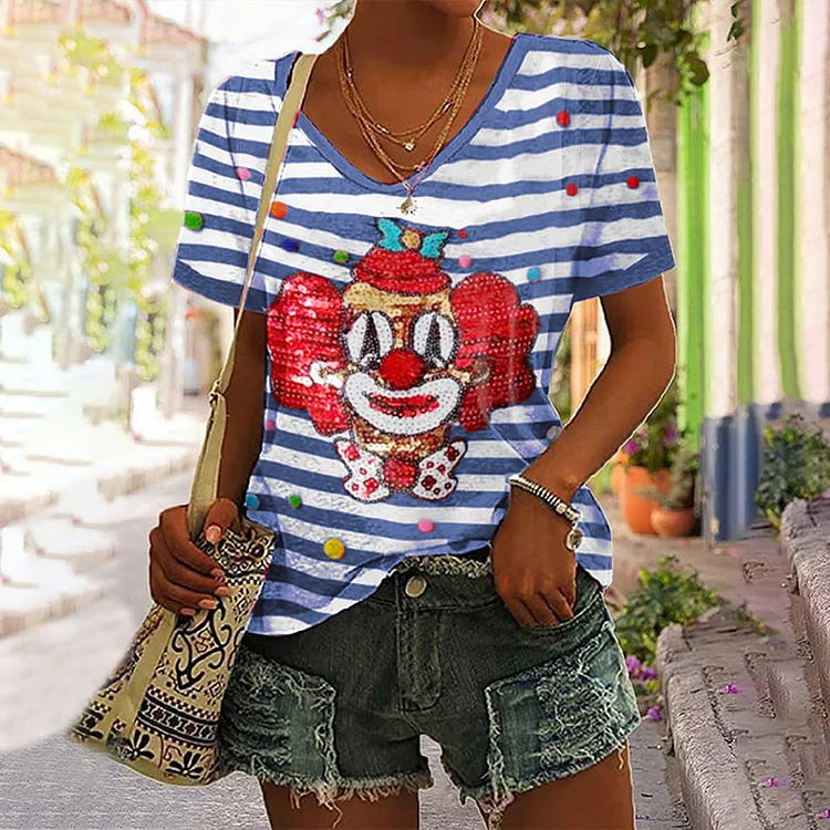 VChics KÖLner Karneval Clown Striped Print V-Neck Short Sleeved T-Shirt