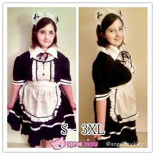 [Size S- 3XL] J-Fashion Black/White Caff Maid Dress with Apron and Hair Band SP151639