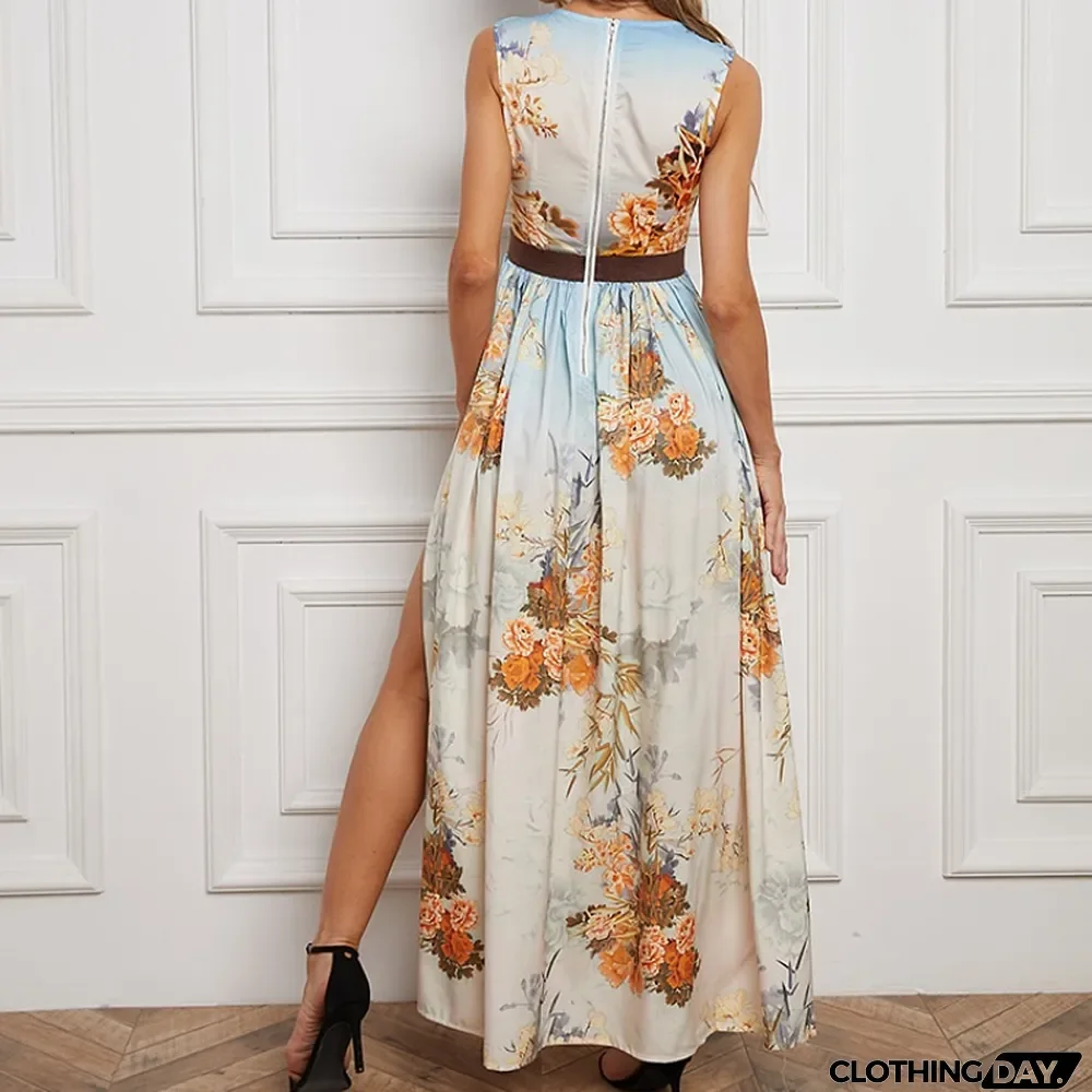Women Print Sleeveless O-neck Side Split High Wedding Guest Dresses