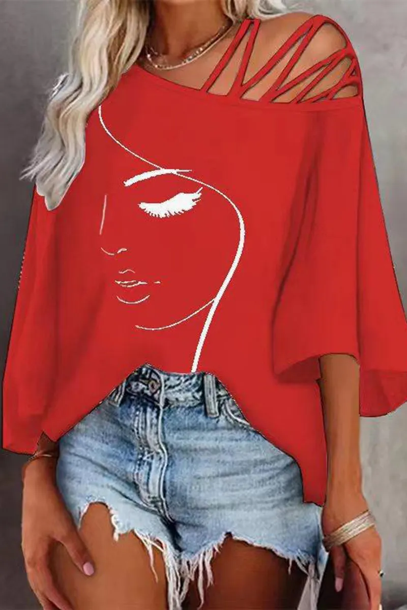 Figure Print Hollow Out Asymmetrical Neck Blouse
